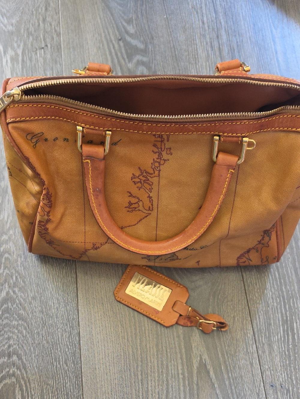Alviero Martini Tan/Brown Map-Print Leather Satchel with Gold Hardware